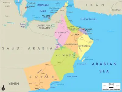 Oman has two parts. A small part of Oman is located in the southern part of the Strait of Hormuz, which is called Musandam