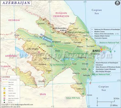 تقع جمهورية أذربيجان في منطقة القوقاز من قارة أوراسيا العظمى